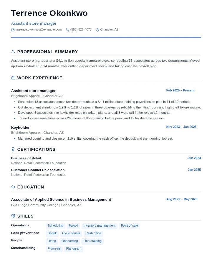 Store manager resume example, entry level, rendered in the Standard template
