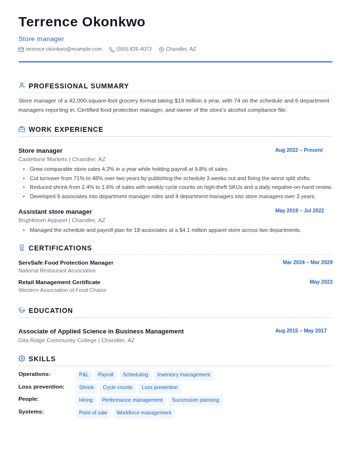 Store manager resume example, mid level, rendered in the Standard template