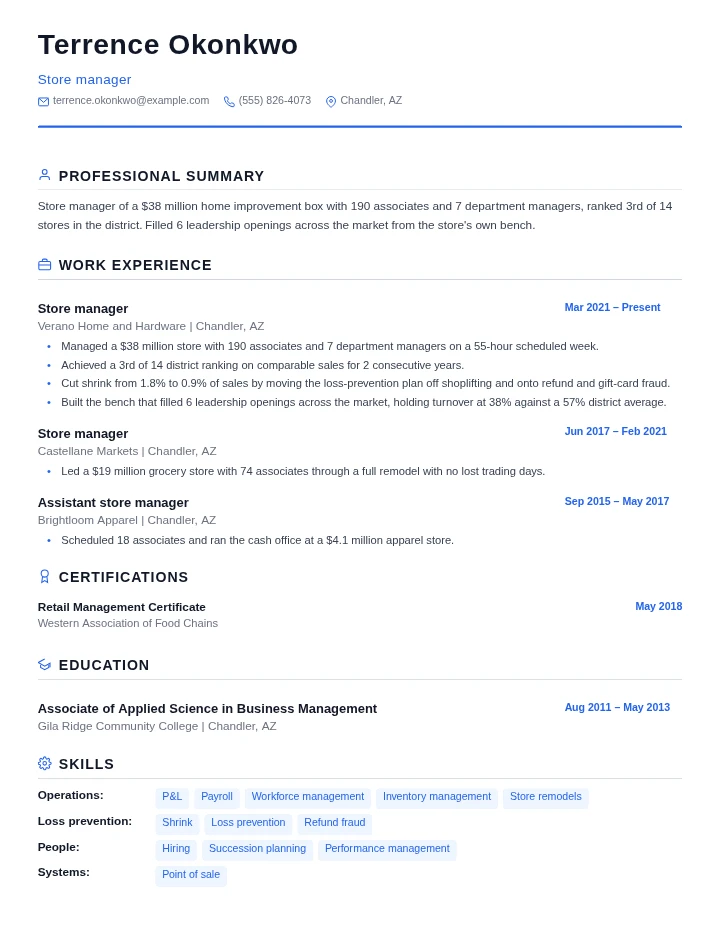 Store manager resume example, senior level, rendered in the Standard template