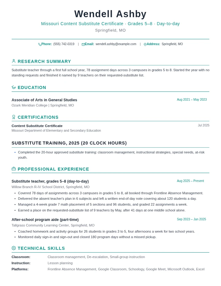 Substitute teacher resume example, entry level, rendered in the Green Academic template