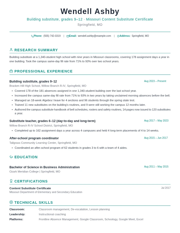 Substitute teacher resume example, senior level, rendered in the Green Academic template