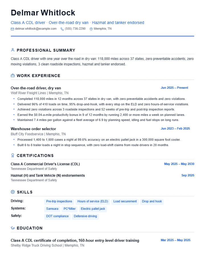 Truck driver resume example, entry level, rendered in the Standard template