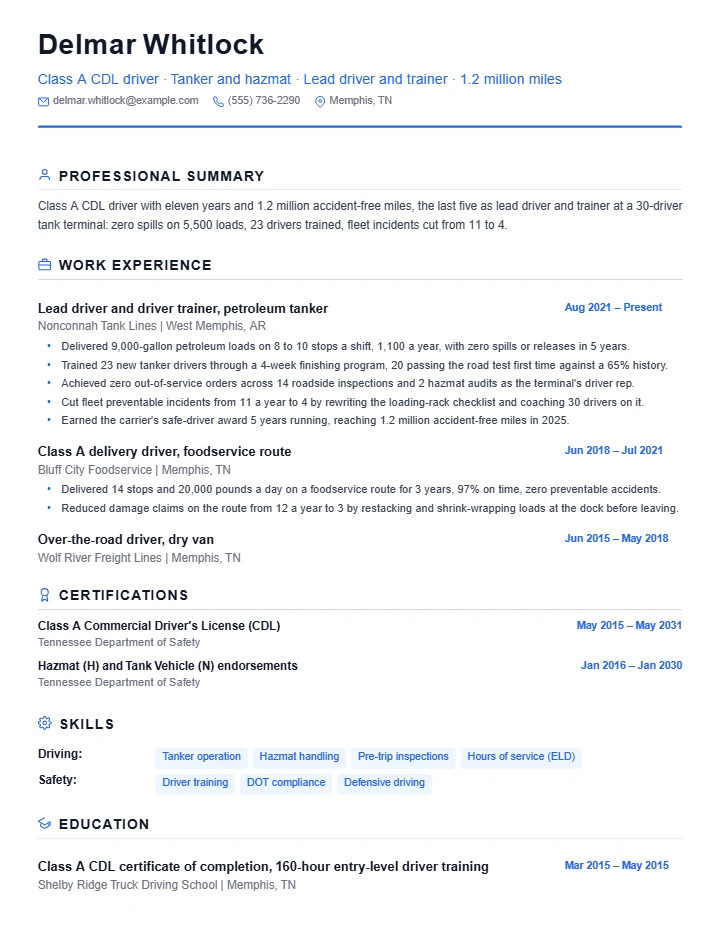 Truck driver resume example, senior level, rendered in the Standard template