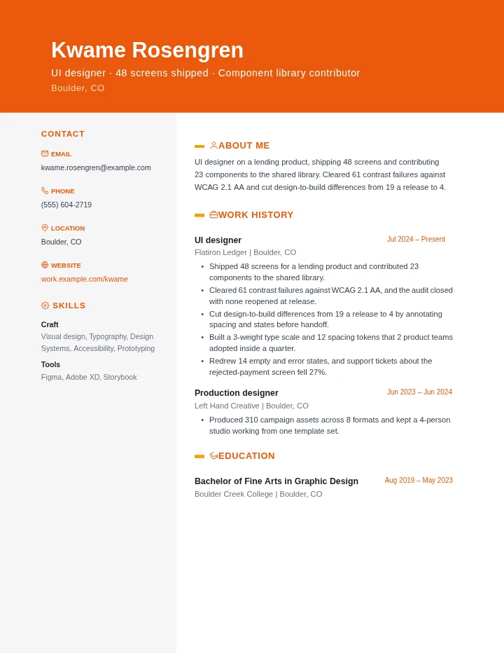 UI designer resume example, entry level, rendered in the Orange Creative template