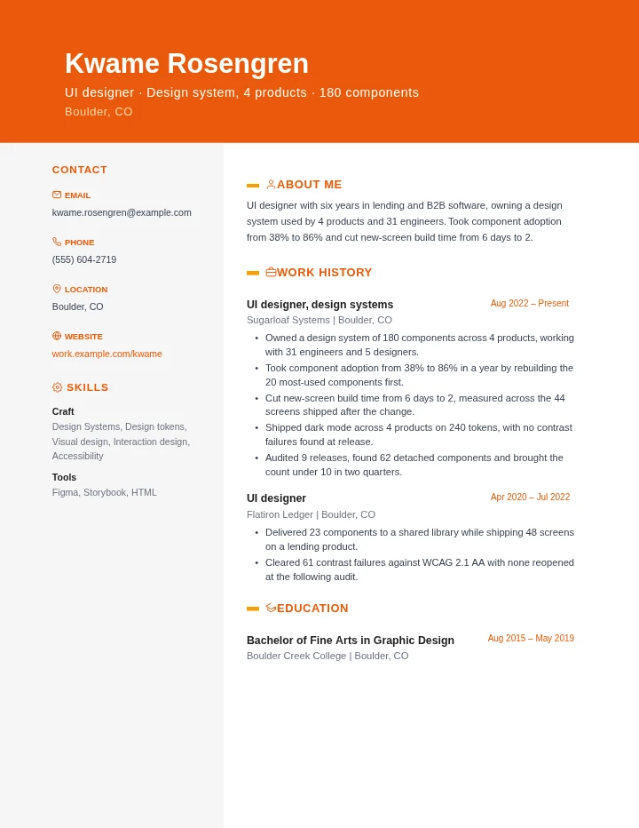 UI designer resume example, mid level, rendered in the Orange Creative template