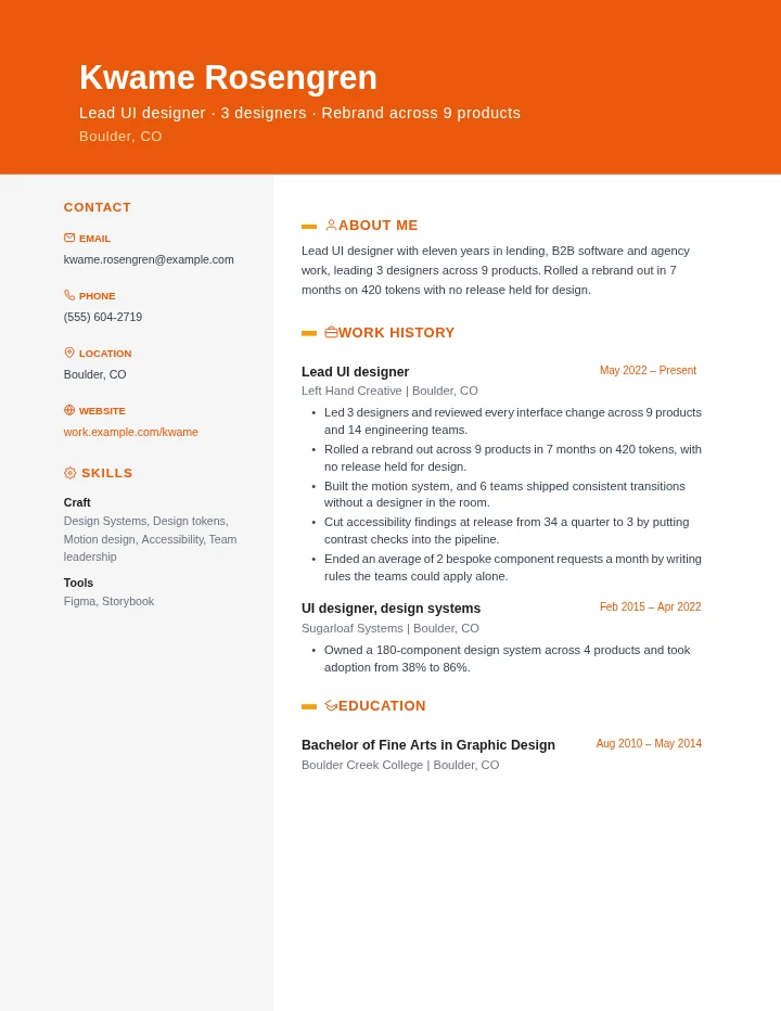 UI designer resume example, senior level, rendered in the Orange Creative template