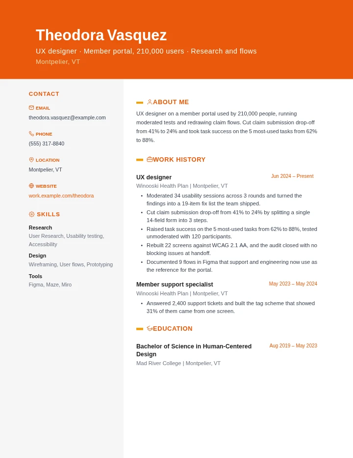 UX designer resume example, entry level, rendered in the Orange Creative template