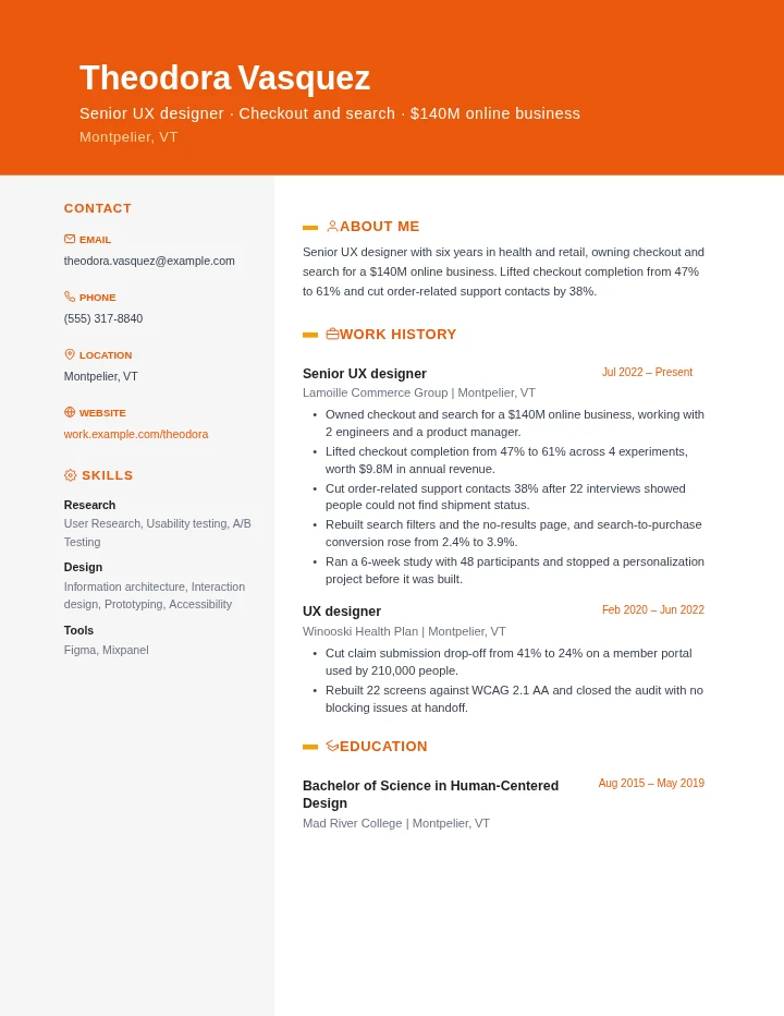 UX designer resume example, mid level, rendered in the Orange Creative template