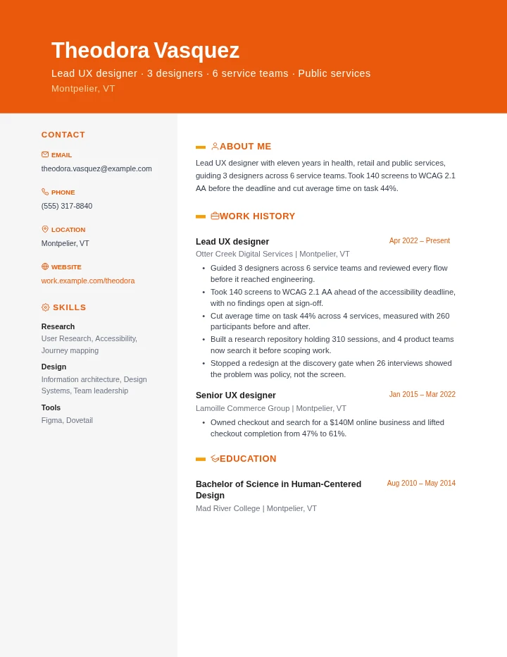 UX designer resume example, senior level, rendered in the Orange Creative template