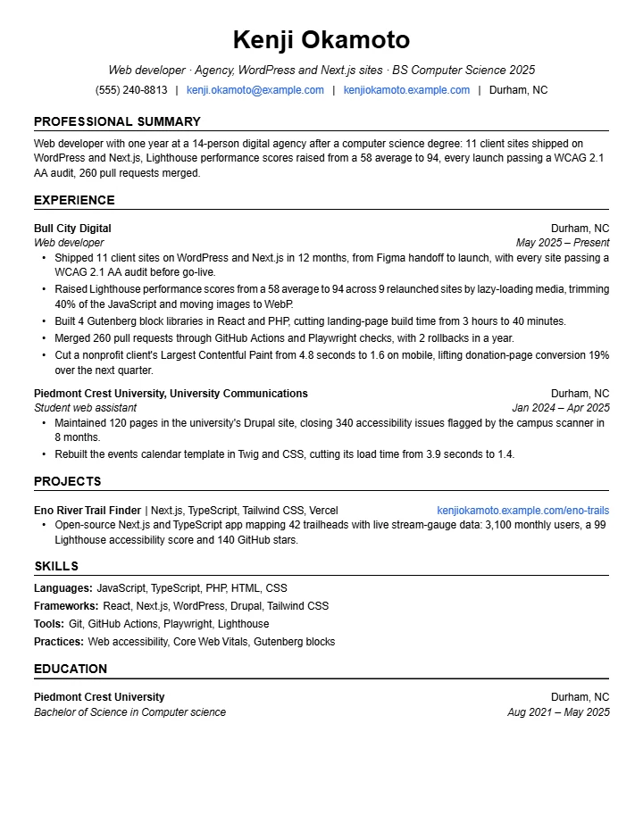 Web developer resume example, entry level, rendered in The Jake's template