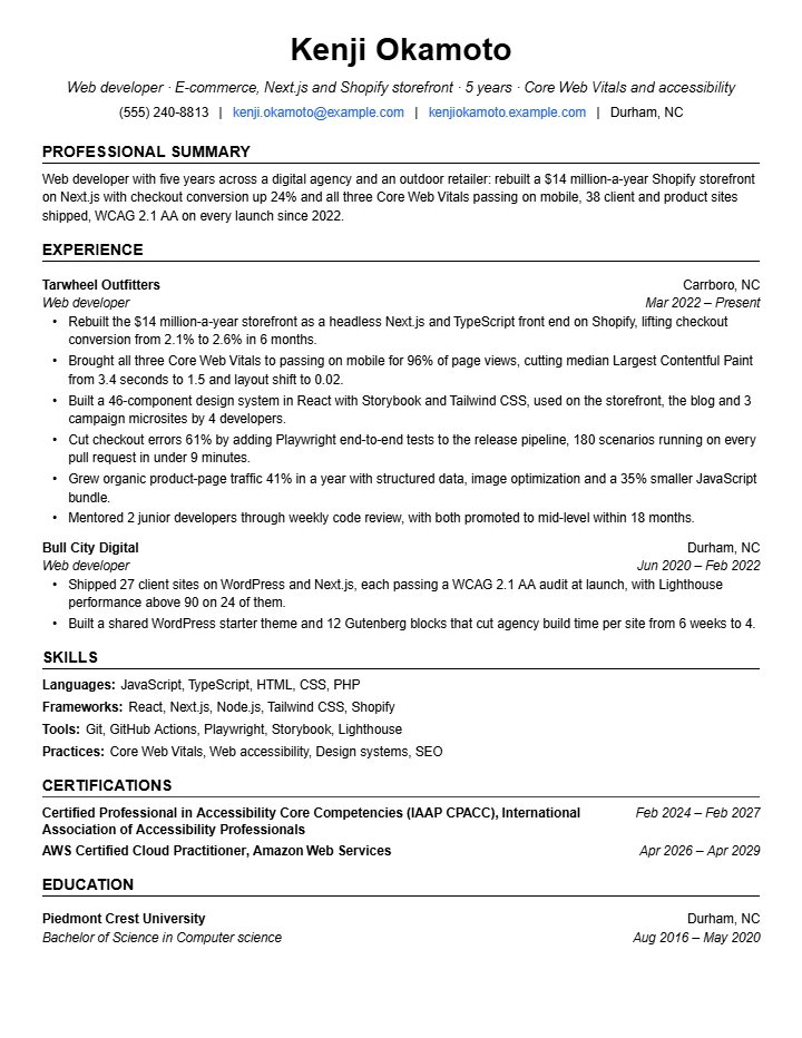 Web developer resume example, mid level, rendered in The Jake's template