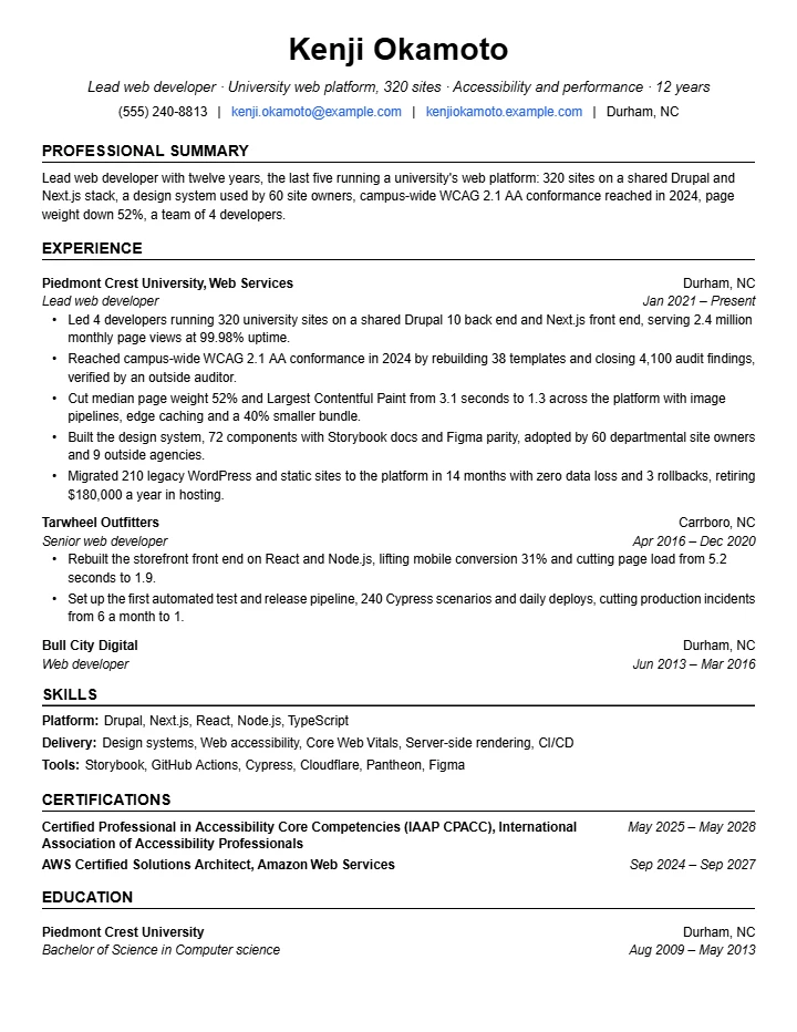 Web developer resume example, senior level, rendered in The Jake's template