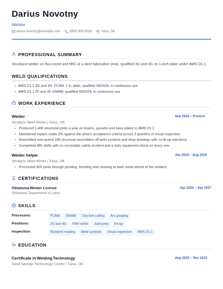 Welder resume example, entry level, rendered in the Standard template