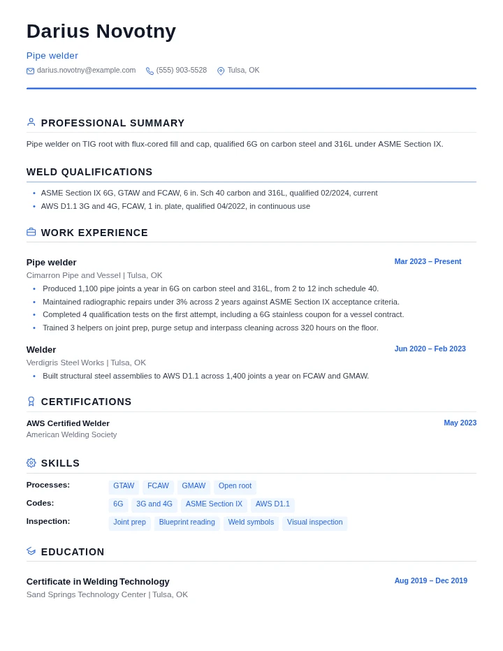 Welder resume example, mid level, rendered in the Standard template