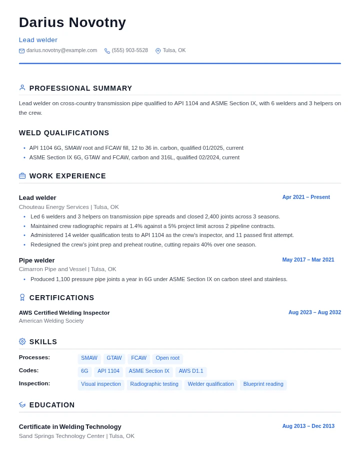 Welder resume example, senior level, rendered in the Standard template